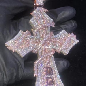Shiny VVS Moissanite Cross Pendant, Iced Out Cross Pendant, Custom Hip Hop Cross, 925 Silver Cross, 14K Gold Finish, Birthday Gift For Him