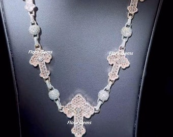 14 MM Round Ball and Baguette Cross Chain For Men, Iced Out Necklace, Hip Hop Cross Necklace, 14k Gold Finish, Birthday Gift For Men/Women