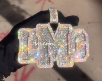 Men&#39;s Iced Out &quot;LMG&quot; Pendant For Men, Real Moissanite 3 Letter pendant, Customize Self Name Charm, Hip Hop Charm, 14k Gold Plated, Gift Him