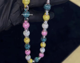 Multi Color 11 MM Hip Hop Ball Chain, Custom Clustered Ball Necklace, Color Diamond Ball Necklace, 925 Silver Ball Chain Gift For Men/ Women