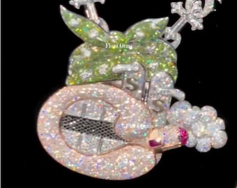 Men Iced Out Toon Pendant, Shiny VVS1 /D White Diamond & Green Peridot Charm, Character 3D Face Pendant, 14k 2 Tone Gold Finish, 925 Silver