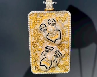 Iced Out Custom Face Dog tag Pendant, VVS Moissanite Pendant, Hip Hop Men Jewelry, 3D Design Pendant, 925 Silver Charm, 14K Yellow Gold Over