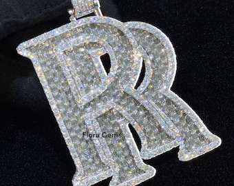 Fully Iced Out RR Pendant For Men, Round & Baguette VVS Shiny Moissanite Pendant, Custom Initial Pendant, 14k White Gold Plated, 925 Silver