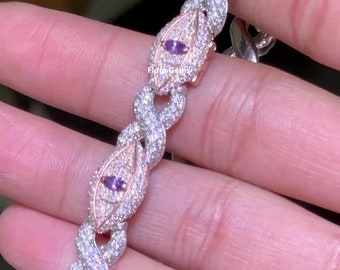 10 MM Unique Infinity Eye Cuban Link Bracelet, Marquise Cut Amethyst and diamond Bracelet, Iced Out Bracelet, Hip Hop Bracelet, 14k Gold FN