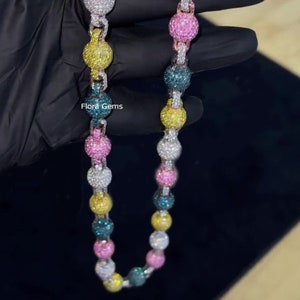 Multi Color 11MM Hip Hop Ball Chain, Custom Clustered Ball Necklace, Color Diamond Ball Necklace, 925 Silver Ball Chain Gift For Men/ Women