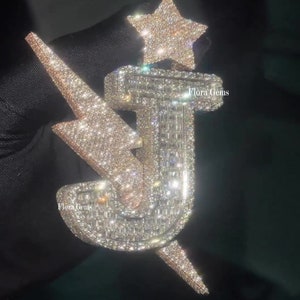 Round & Baguette Cut Moissanite Single Alphabet J Pendant, Custom Initial Charm, Lighting Bolt, Star Pendant, Hip Hop Charm, 14k Gold Plated