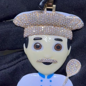 Men 3D Enamel Design Chef Character Pendant, VVS Moissanite Pendant, Knife Custom Hanger Charm, Hip Hop Men Design, 14k Gold Plated, Silver