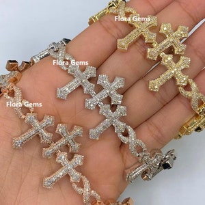 Iced Out Infinity Cross Bracelet, Marquise Round Cut Moissanite Bracelet, Hip Hop Bracelet, Rapper Bracelet, 14k Gold Over, Positive Tester