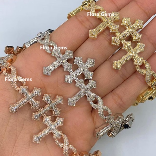 Pulsera cruzada infinita helada, pulsera moissanita de corte redondo marquesa, pulsera de hip hop, pulsera de rapero, oro de 14 k, probador positivo