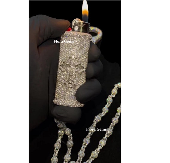 cigarette lighter on a chain Iced Out Lighter Case Jewelry, Real Moissanite Lighter Holder Set, Rapper  Jewelry, 14 Inches Ball Chain, 925 Silver, 14k White Gold Finish