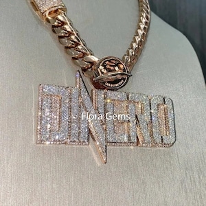 VVS Moissanite Self Name Pendant, Custom Any Font, Iced Out Logo Pendant, Hip Hop Men Charm, 14K Rose Gold Finish, 925 Silver, Gift For Him
