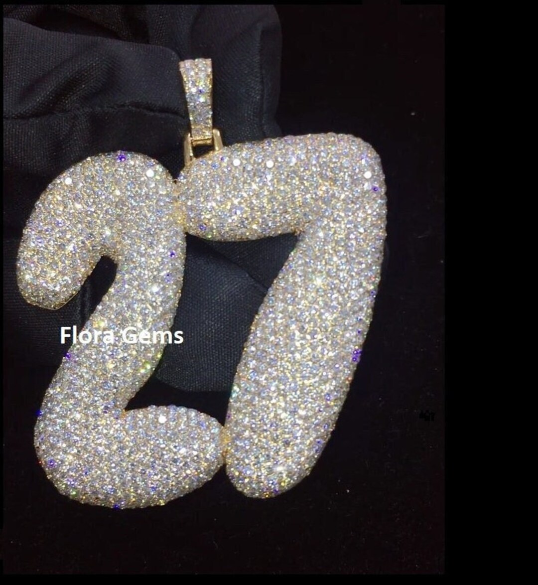 Iced Out Bubble Font Lucky Number Pendant, Real Moissanite Birthday ...