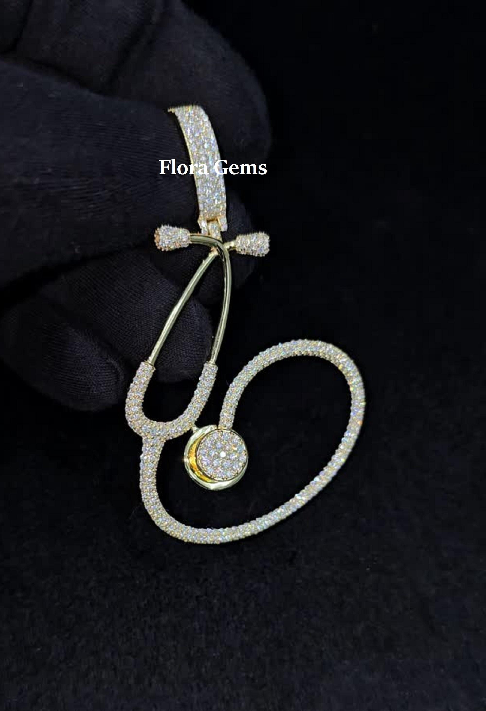 VVS Moissanite Stethoscope Pendant, Men Hip Hop Pendant, Rapper Jewelry, 925 Sterling Silver, Birthday Gift, 14K Yellow Gold Finish, Gift
