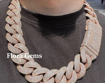 Chaîne cubaine glacée de 25 mm, collier cubain pour homme en moissanite VVS, chaîne hip-hop, bijoux de rappeur, argent sterling 925, finition or rose 14 carats