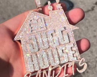 Customize Hip Hop 3D House Design Pendant, Custom Letter, Shiny VVS Moissanite Pendant, Iced Out Pendant, 14k 2 Tone Gold Plated, 925 Silver