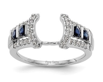 Blue Sapphire Enhancer Wrap Band Ring, 0.40Ct Round Moissanite Vintage Ring Guard, 14K White Gold Over, 925 Silver Ring Jacket, Gift For Her