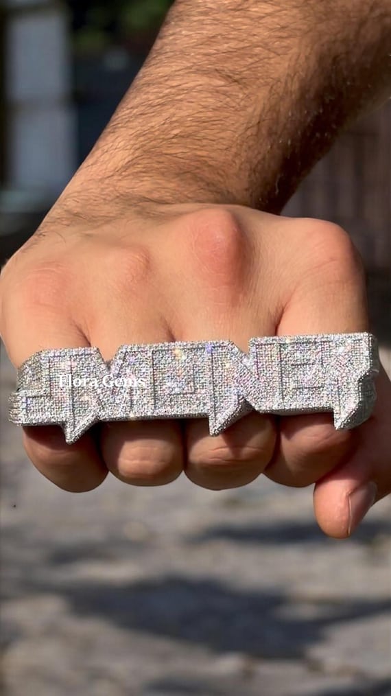 Iced Out Finger Name Ring, Real Moissanite Letter Ring, Hip Hop