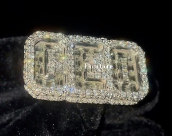3 Letter Custom Ring, Moissanite Baguette Ring, Men Iced Out Ring, Hip Hop Jewelry, Birthday Gift For Men, 14k White Gold Plated, 925 Silver