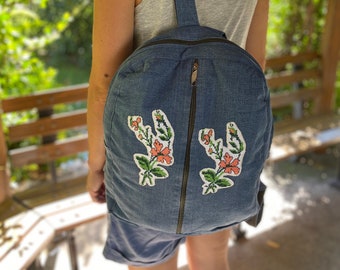 Denim backpack with pockets, aesthetic, handmade backpack bag, daily, travel, school, gift, flowers, cross stitch