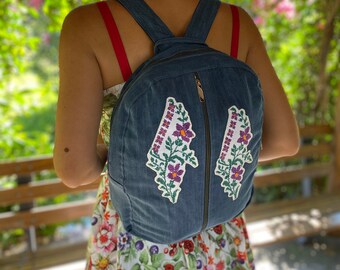 Denim backpack with pockets, aesthetic, handmade backpack bag, daily, travel, school, gift, flowers, cross stitch