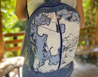Denim backpack with pockets, aesthetic, handmade backpack bag, daily, travel, school, gift, map design digital print