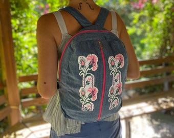 Denim backpack with pockets, aesthetic, handmade backpack bag, daily, travel, school, gift, flowers, cross stitch