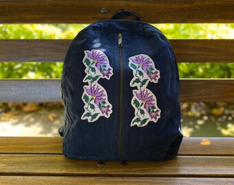 Denim backpack with pockets, aesthetic, handmade backpack bag, daily, travel, school, gift, flowers, cross stitch
