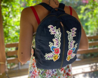 Denim-Rucksack mit Taschen, ästhetische, handgemachte Rucksack-Tasche, täglich, Reise, Schule, Geschenk, Blumen, Kreuzstich