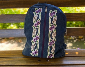 Denim backpack with pockets, aesthetic, handmade backpack bag, daily, travel, school, gift, flowers, cross stitch