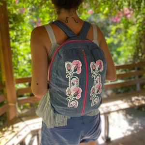Denim backpack with pockets, aesthetic, handmade backpack bag, daily, travel, school, gift, flowers, cross stitch