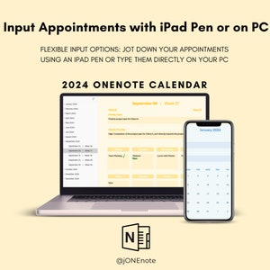 Puede incluir: Un ordenador portátil con una aplicación de calendario abierta en la pantalla. El calendario es para septiembre de 2024 y muestra una vista semanal. El portátil está sobre un fondo amarillo claro. Un teléfono inteligente con una aplicación de calendario abierta en la pantalla está al lado del portátil. El calendario es para enero de 2024 y muestra una vista mensual. El teléfono inteligente está sobre un fondo amarillo claro. El texto "2024 ONENOTE CALENDAR" está en la parte superior de la imagen. El texto "@jONEnote" está en la parte inferior de la imagen.