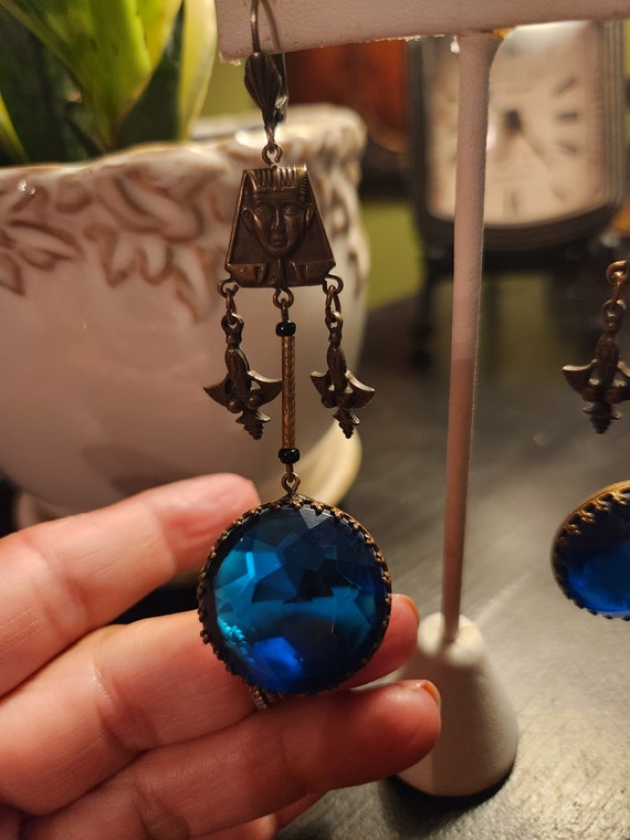 Vintage Dramatic Czech Blue Glass Dangle Earrings - image 3
