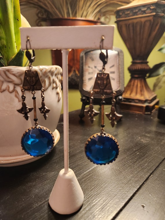 Vintage Dramatic Czech Blue Glass Dangle Earrings - image 1