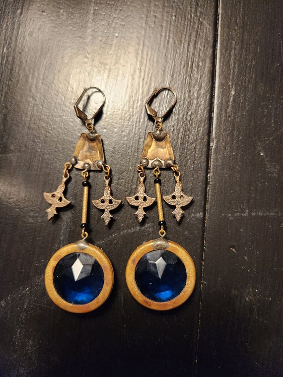 Vintage Dramatic Czech Blue Glass Dangle Earrings - image 7