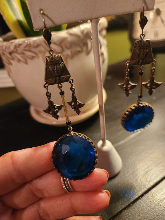 Vintage Dramatic Czech Blue Glass Dangle Earrings - image 5