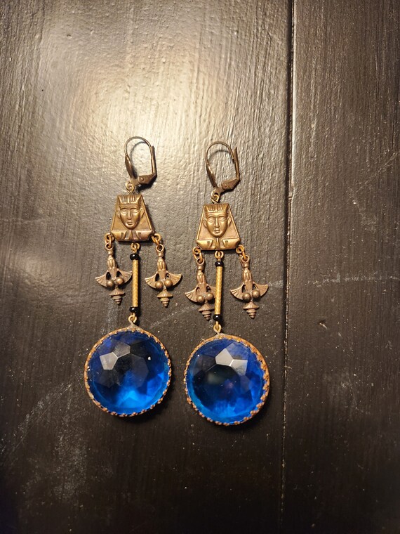 Vintage Dramatic Czech Blue Glass Dangle Earrings - image 6