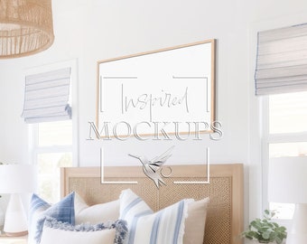 Modern Coastal Bedroom Horizontal Frame Mockup with Reflection, Poster Mockup, Wall Art Mockup, Interior Frame Mockup,  PSD Mockup 2:3 Ratio
