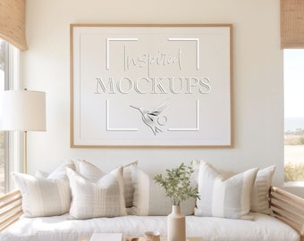 Coastal Living Room Frame Mockup, Horizontal Mockup, Poster Frame Mockup, Art Frame Mockup, Frame Mockup, Interior Mockup, PSD Frame Mockup