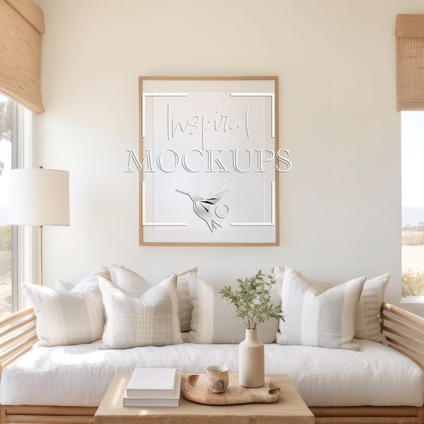 Coastal Living Room Frame Mockup, Vertical Mockup, Poster Frame Mockup, Wall Art Mockup, Interior Mockup, PSD Frame Mockup, 4:5 Ratio 8x10