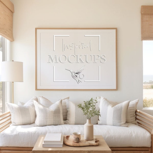 Coastal Living Room Frame Mockup, Horizontal Mockup, Poster Frame Mockup, Art Frame Mockup, Frame Mockup, Interior Mockup, PSD Frame Mockup