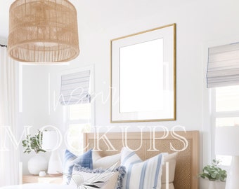 Modern Coastal Bedroom Frame Mockup with Reflection, Poster Mockup, Wall Art Mockup, Interior Frame Mockup, Smart Object, 3:4 Ratio 18x24