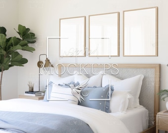 Coastal Bedroom 3 Frame Interior Mockup with Reflection, A / ISO Frame, Mockup Frame, Poster Mockup, Art Frame Mockup, Interior Mockup, PSD