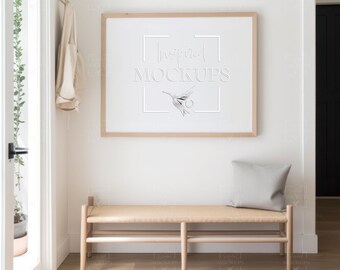 Modern Entry Frame Mockup, Horizontal Mockup, Art Frame Mockup, Poster Mockup, Interior Mockup, PSD Smart Object Mockup, Color Change Pillow