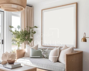 Square Frame Coastal Living Room Interior Mockup with Reflection, Mockup Frame, Modern Mockup, Art Mockup, Frame Mockup, Interior Mockup