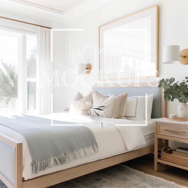 Coastal Bedroom Frame Interior Mockup with Reflection, Mockup Frame, Poster Mockup, Art Frame Mockup, Digital Frame Mockup, Interior Mockup