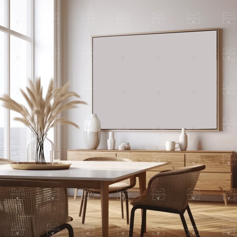 Puede incluir: Una mesa de comedor blanca con cuatro sillas en un comedor moderno. La mesa tiene una tapa blanca y patas de madera. Las sillas son de mimbre y tienen patas de madera. Hay un cuadro grande enmarcado en la pared detr&aacute;s de la mesa. La habitaci&oacute;n tiene una sensaci&oacute;n de luz y aire.