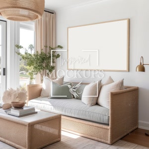 Maqueta interior de sala de estar costera de marco horizontal con reflejo, maqueta de marco, maqueta moderna, maqueta de arte de pared, maqueta interior, 3:4