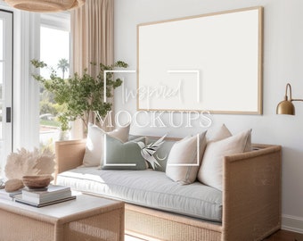 Horizontal Frame Coastal Living Room Interior Mockup with Reflection, Frame Mockup, Modern Mockup, Wall Art Mockup, Interior Mockup, 3:4