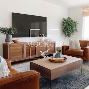 May include: A living room interior with a brown leather armchair, a wooden coffee table, a wooden cabinet with drawers, a large flat screen TV, a potted plant, and a rug. The coffee table has a tray with a decorative object on it.