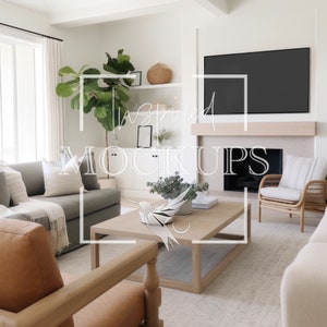 May include: A living room interior with a grey sofa, a wooden coffee table, a wicker chair, and a fireplace. The room is decorated with plants, a large TV, and a white rug.